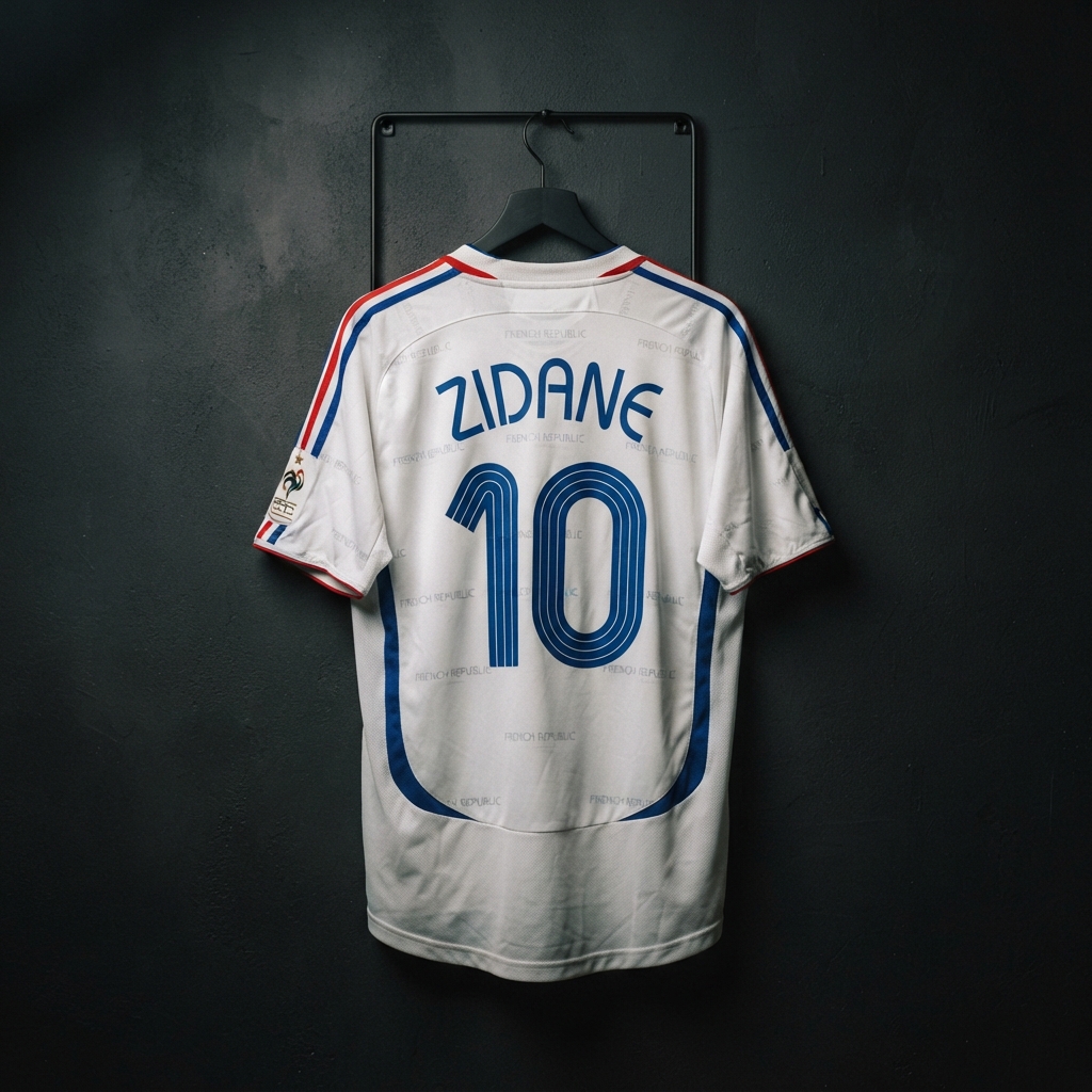Vintage Zidane France 2006 Away Jersey hanging against a dark textured wall